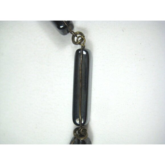 Hematite Stone Necklace Barrel Shaped Beads Metal Links 38 inch Strand - Picture 4 of 11